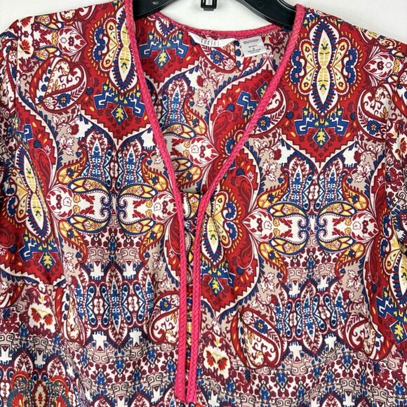 Womens Boho Peasant Blouse Popover 3/4 Sleeve Red Sz Small Colorful Hippie - Picture 2 of 6
